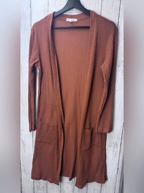 Long Open-Front Waffle Knit Cardigan Sweater - Rust size Small